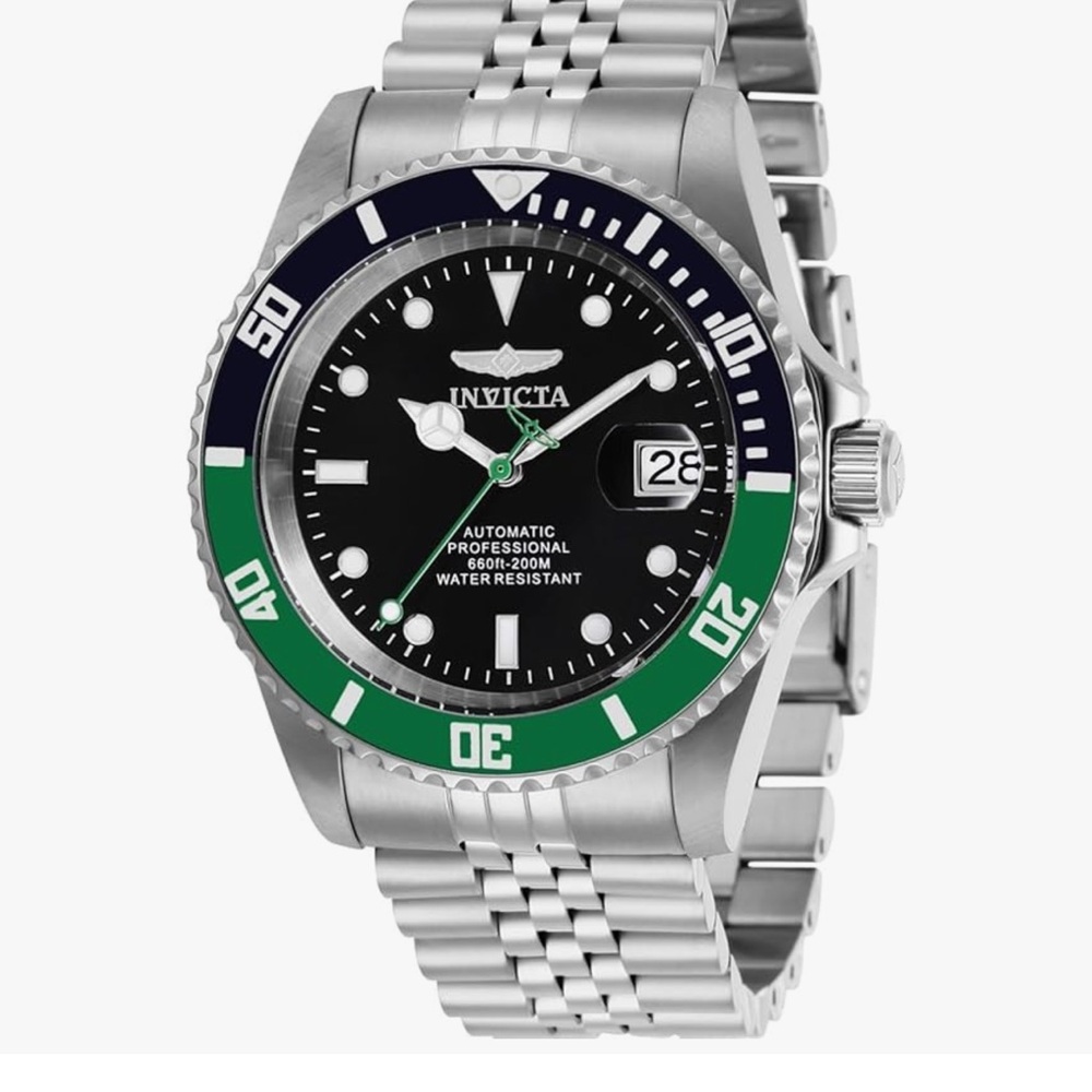 Invicta Pro Diver Automatic Silver Watch with Black Dial and Green Bezel